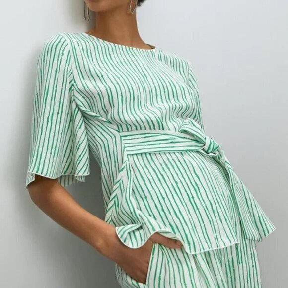 Babaton Aritzia Britannic Blouse with Tie Front in White/Beach Grass L - Picture 1 of 10